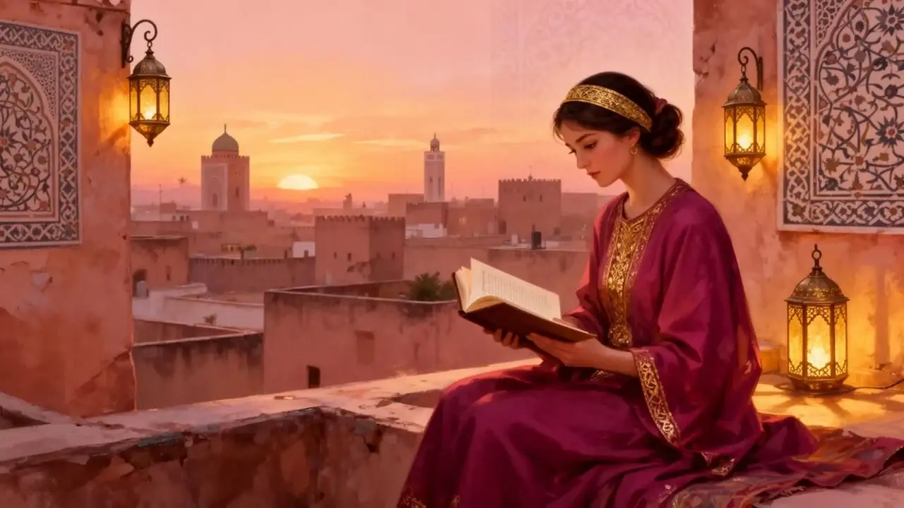 قارئة تستمتع بقصة في أجواء مغربية