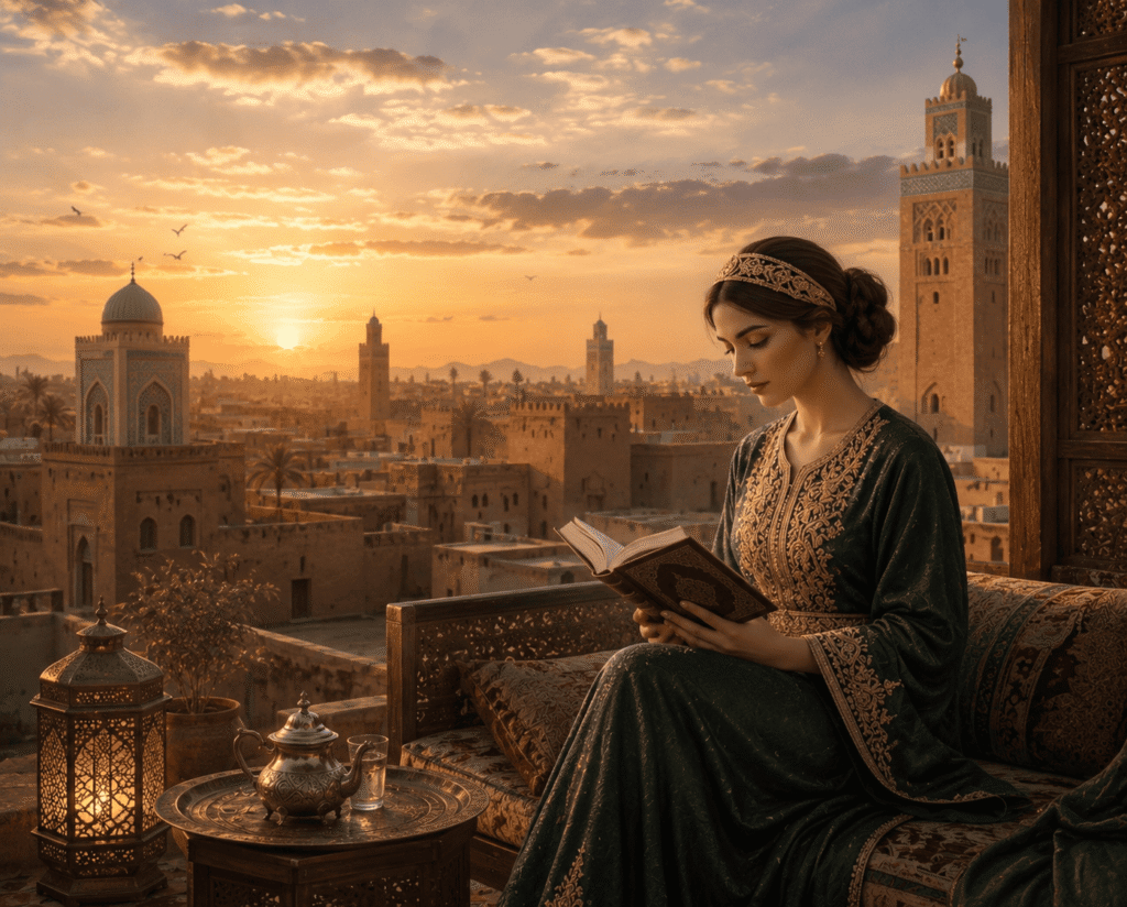 امرأة مغربية تقرأ كتاباً عند غروب الشمس في مدينة مغربية تاريخية